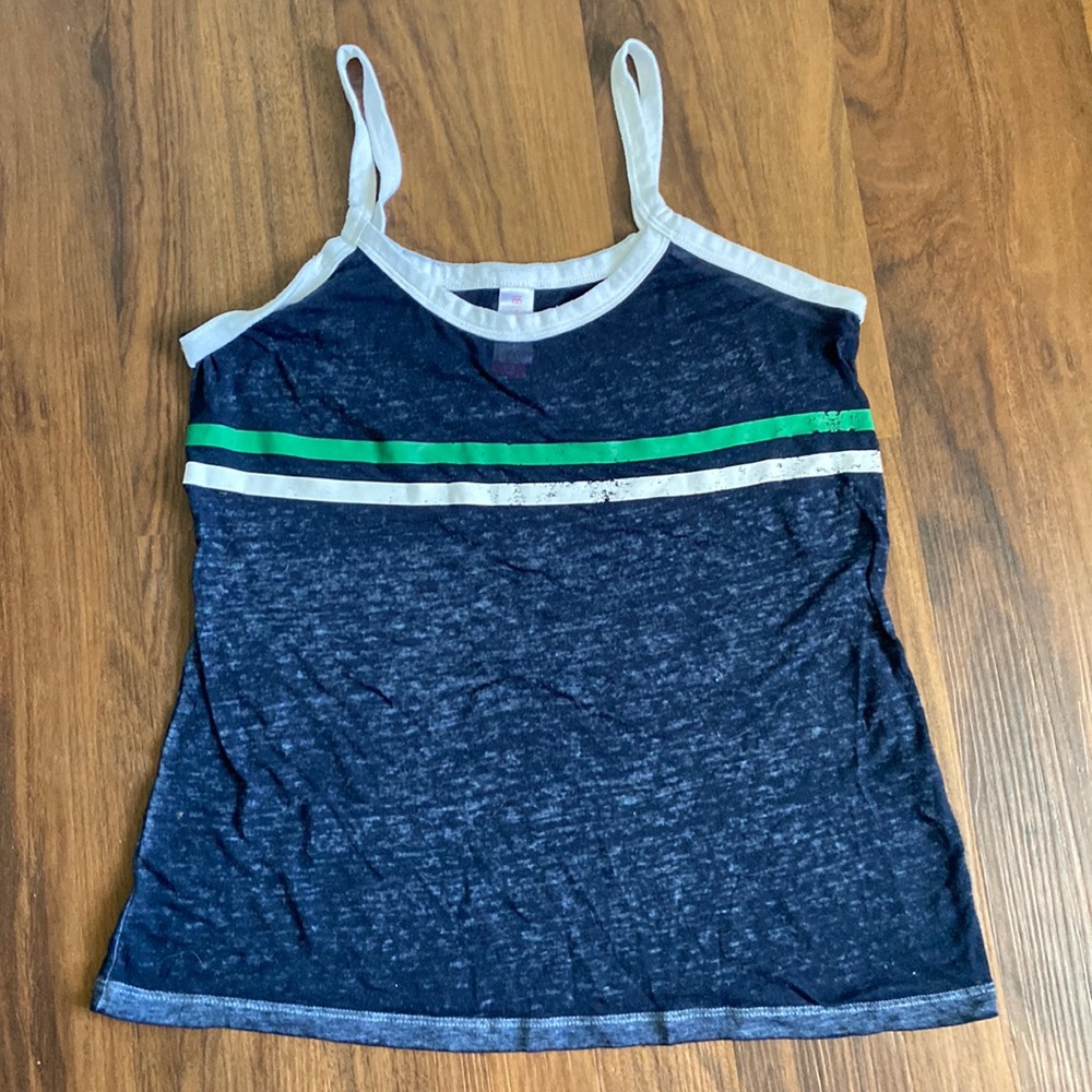 See-through black-ish/gray, spaghetti strap shirt with green and white stripes